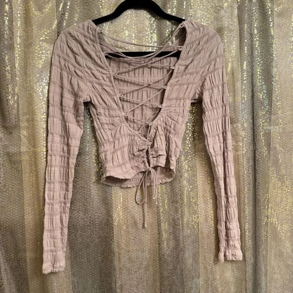 Free People Nude Tan Ruched Lace Up Back Long Sleeve Top XS